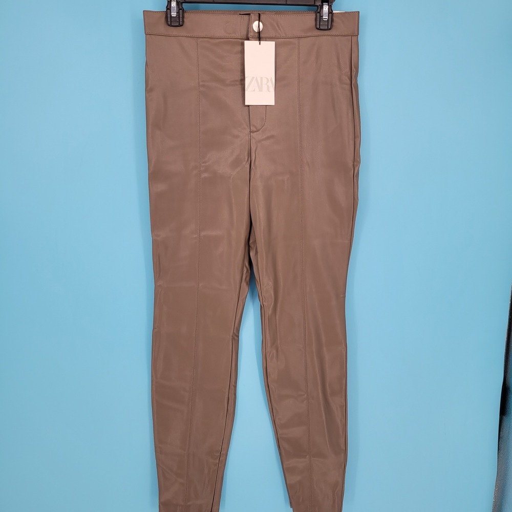 ZARA Faux Leather Leggings High Waisted brown Mink Front Seam Pants Skinny NWT